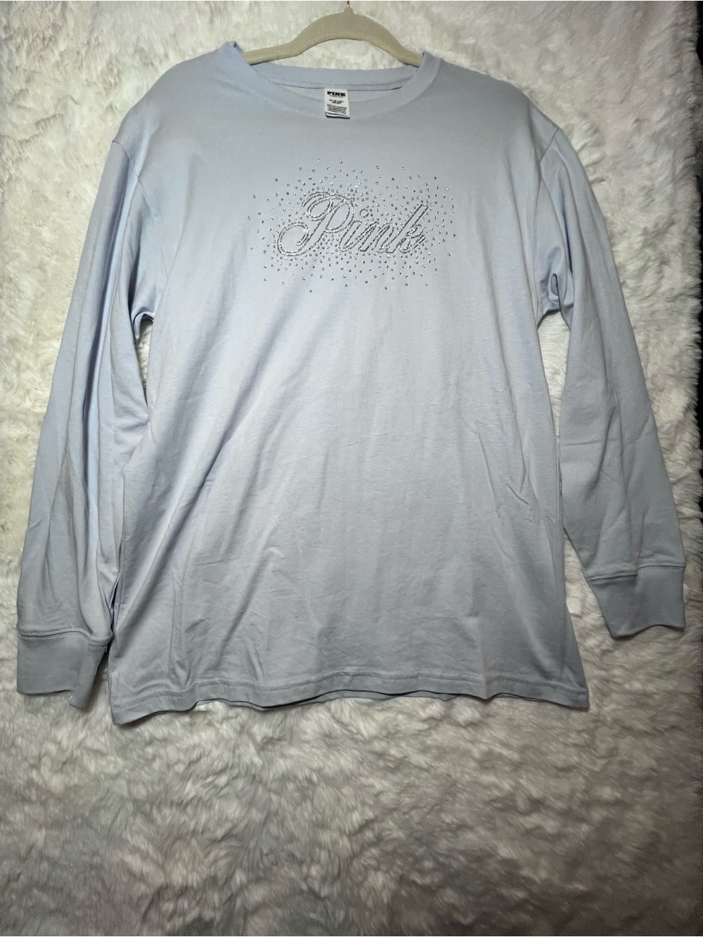 PINK Victoria's Secret Light Blue Long Sleeve Tee with Rhinestone Logo Y2K